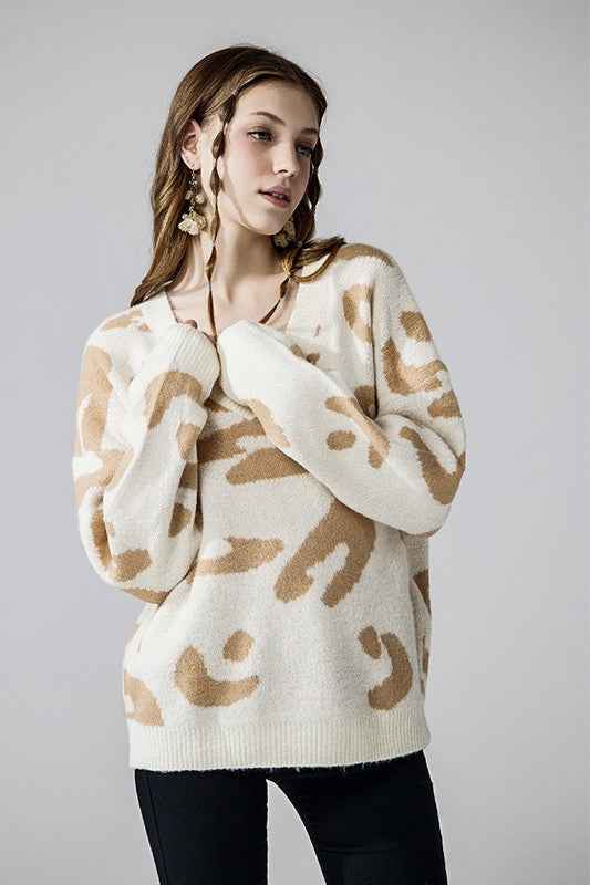 Plus Fuzzy Mohair Jacquard V-Neck Leopard Sweater