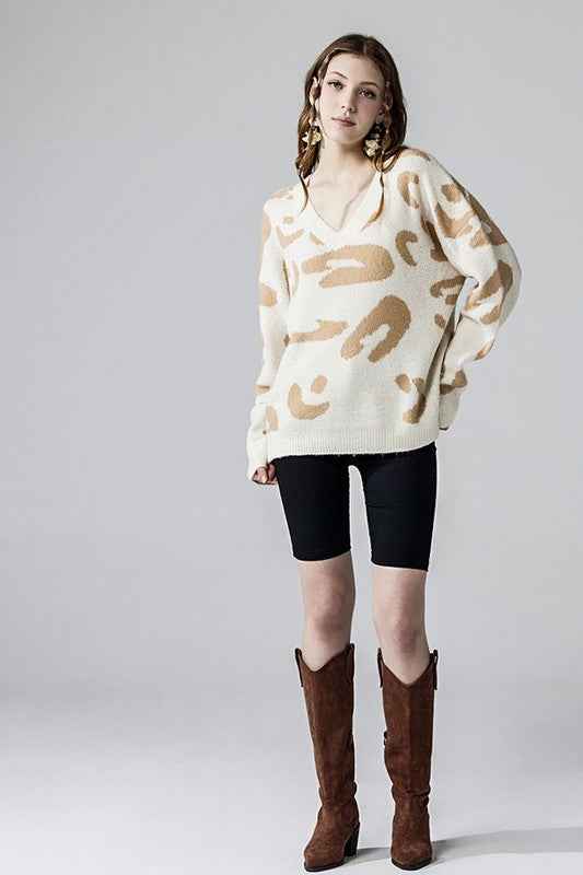 Plus Fuzzy Mohair Jacquard V-Neck Leopard Sweater