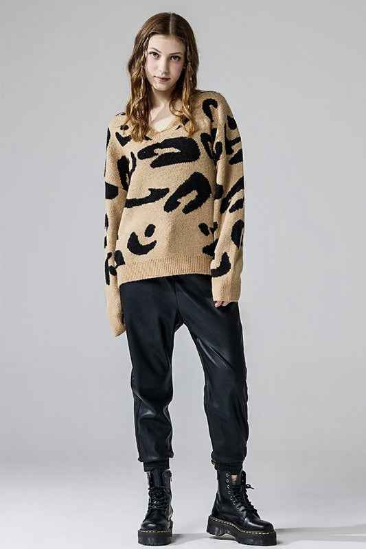Fuzzy Mohair Jacquard V-Neck Leopard Sweater