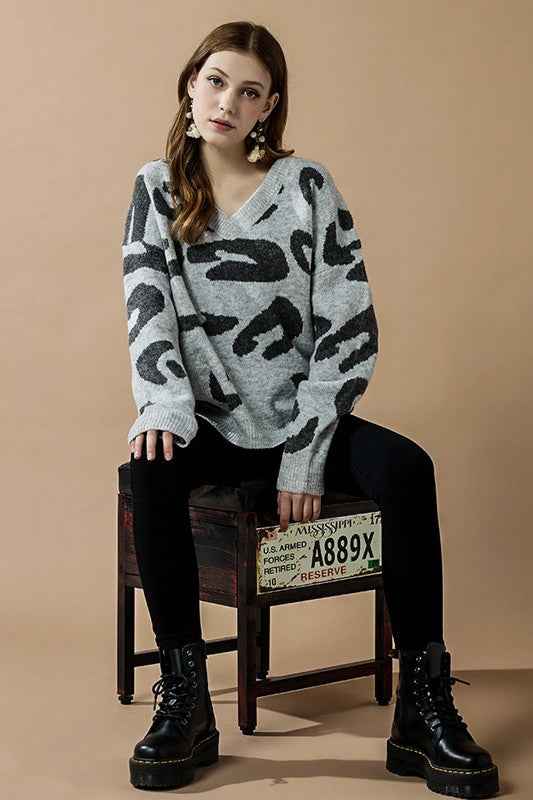 Fuzzy Mohair Jacquard V-Neck Leopard Sweater