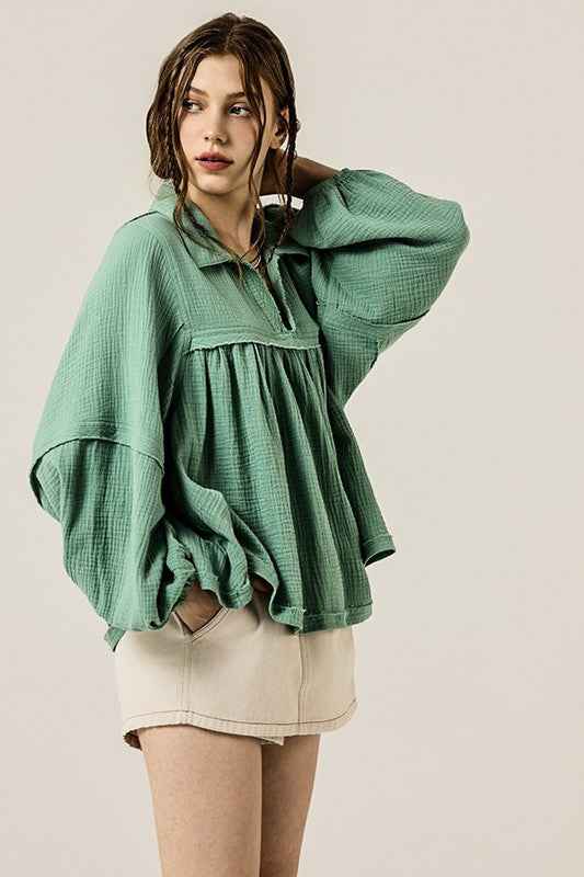 Plus V-neck Bubble Slv Cotton gauze Babydoll Top