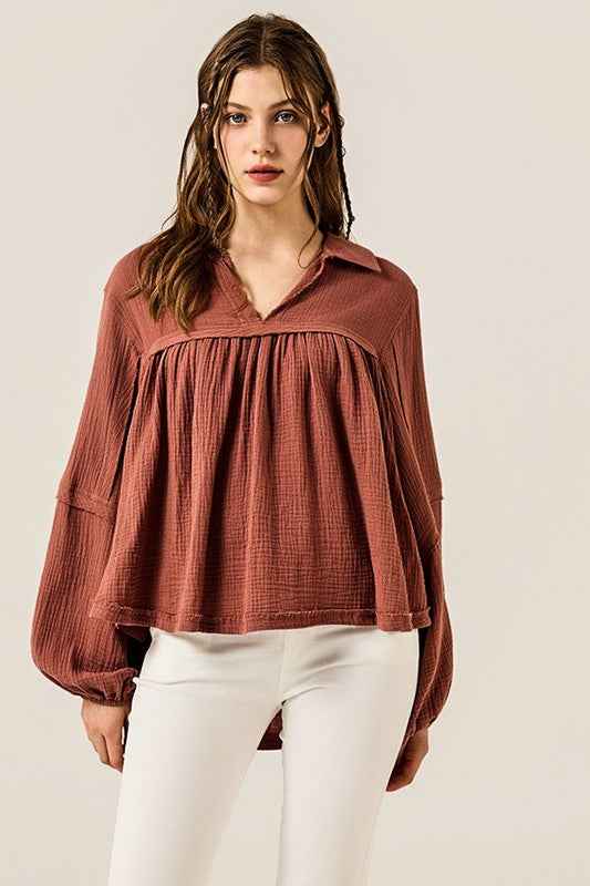 Plus V-neck Bubble Slv Cotton gauze Babydoll Top