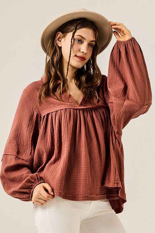 Plus V-neck Bubble Slv Cotton gauze Babydoll Top