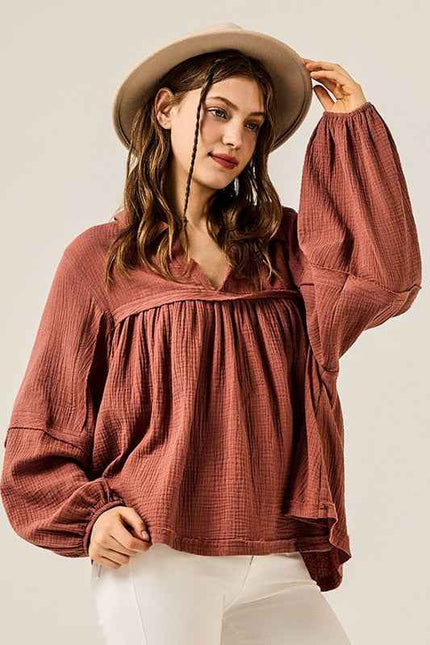 Plus V-neck Bubble Slv Cotton gauze Babydoll Top