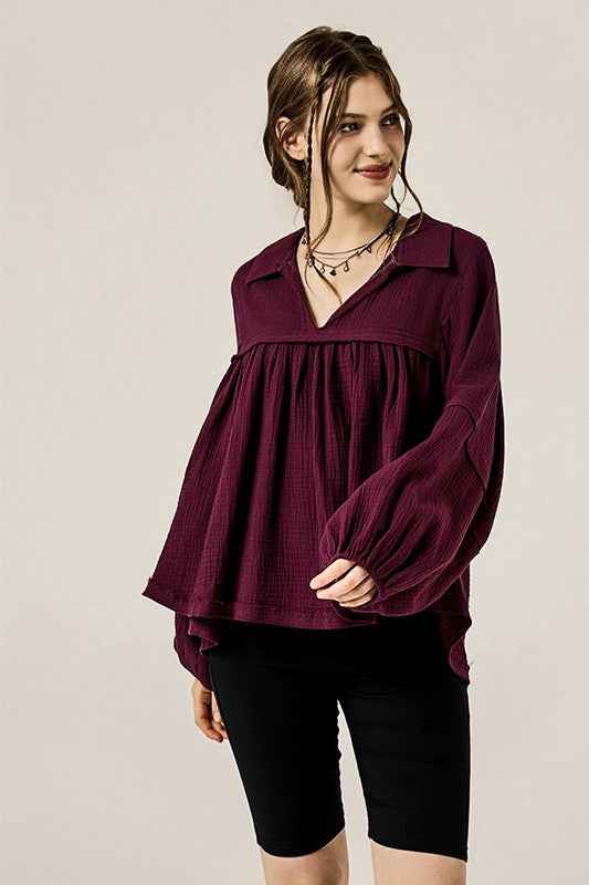 Plus V-neck Bubble Slv Cotton gauze Babydoll Top