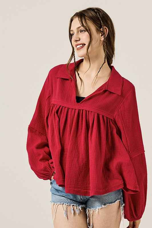 Plus V-neck Bubble Slv Cotton gauze Babydoll Top