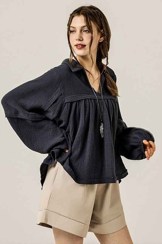 Plus V-neck Bubble Slv Cotton gauze Babydoll Top