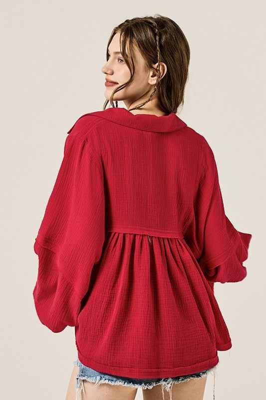 Plus V-neck Bubble Slv Cotton gauze Babydoll Top