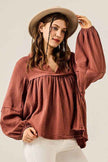 Plus V-neck Bubble Slv Cotton gauze Babydoll Top