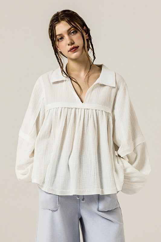 Plus V-neck Bubble Slv Cotton gauze Babydoll Top