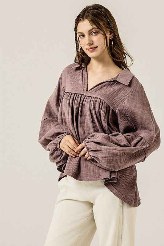 Plus V-neck Bubble Slv Cotton gauze Babydoll Top