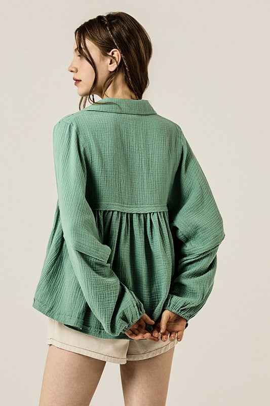 Plus V-neck Bubble Slv Cotton gauze Babydoll Top