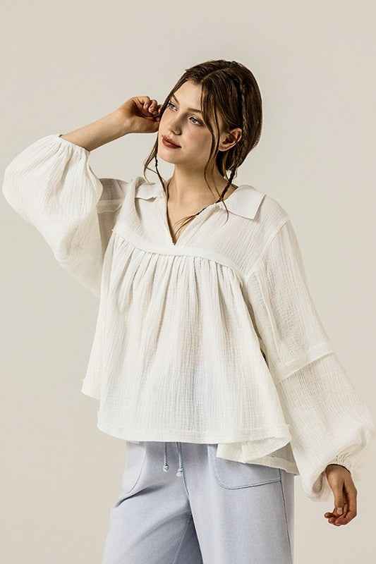 Plus V-neck Bubble Slv Cotton gauze Babydoll Top