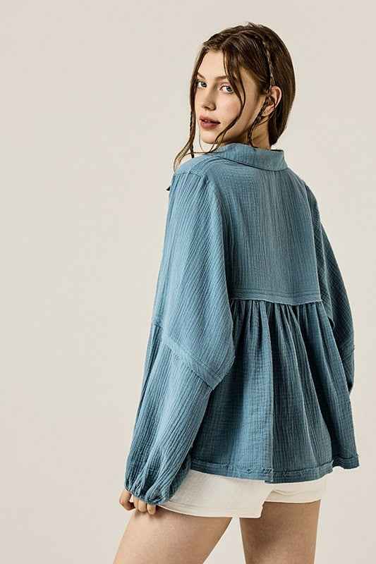 Plus V-neck Bubble Slv Cotton gauze Babydoll Top