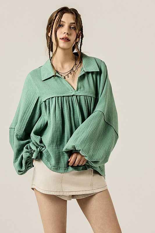 V-neck Bubble Sleeve Cotton gauze Babydoll Top