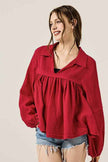 V-neck Bubble Sleeve Cotton gauze Babydoll Top