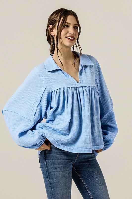 V-neck Bubble Sleeve Cotton gauze Babydoll Top