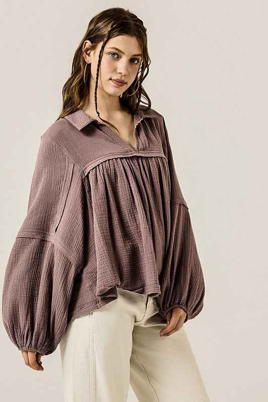 V-neck Bubble Sleeve Cotton gauze Babydoll Top