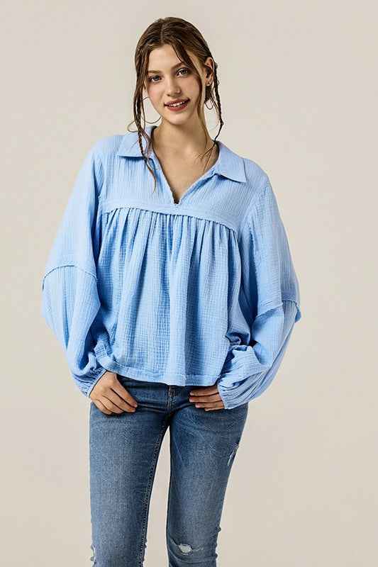 V-neck Bubble Sleeve Cotton gauze Babydoll Top