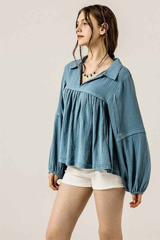 V-neck Bubble Sleeve Cotton gauze Babydoll Top