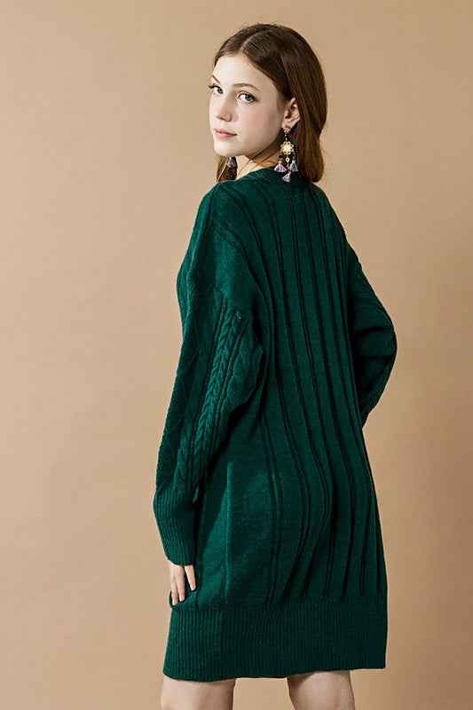 V-Neck Ribbed Hem Cable Knit Sweater Dress