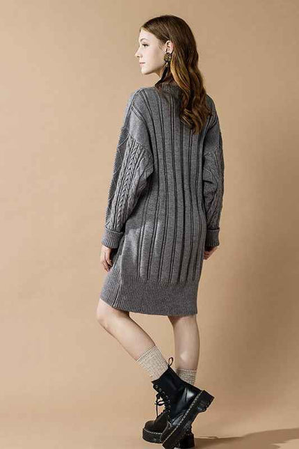 V-Neck Ribbed Hem Cable Knit Sweater Dress