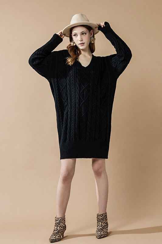 V-Neck Ribbed Hem Cable Knit Sweater Dress