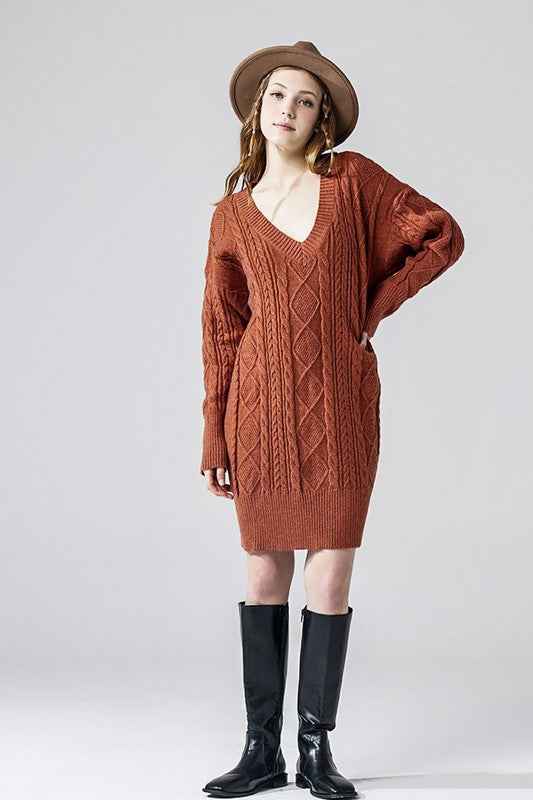 Plus V-Neck Ribbed Hem Cable Knit Sweater Dress