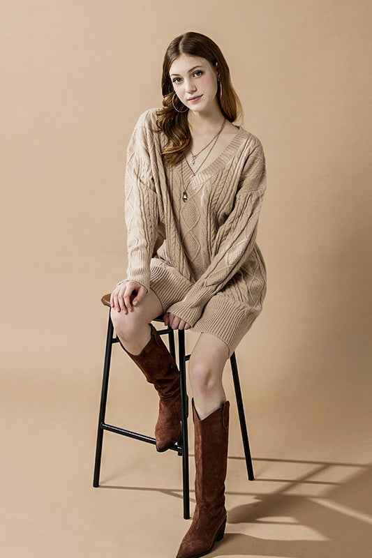 Plus V-Neck Ribbed Hem Cable Knit Sweater Dress