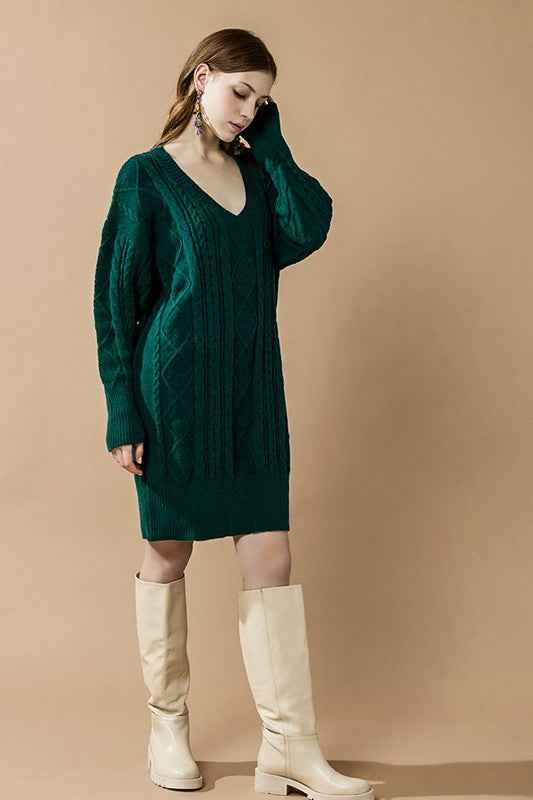 Plus V-Neck Ribbed Hem Cable Knit Sweater Dress