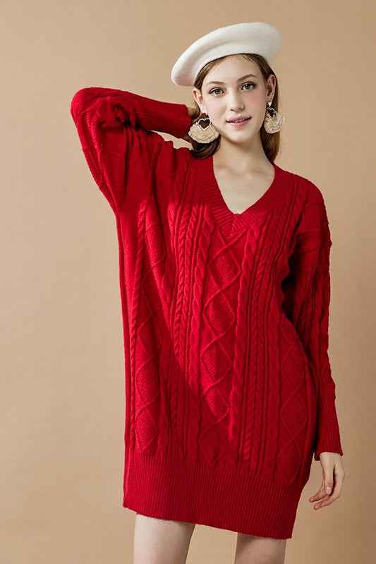 Plus V-Neck Ribbed Hem Cable Knit Sweater Dress