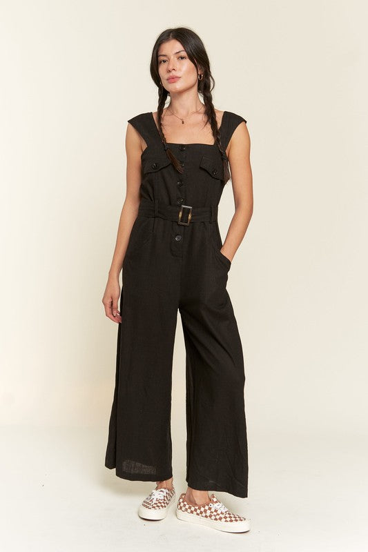 SLEEVELESS SQUARE NECK BUTTON ANKLE JUMPSUIT -Plus Sized - Pikemla