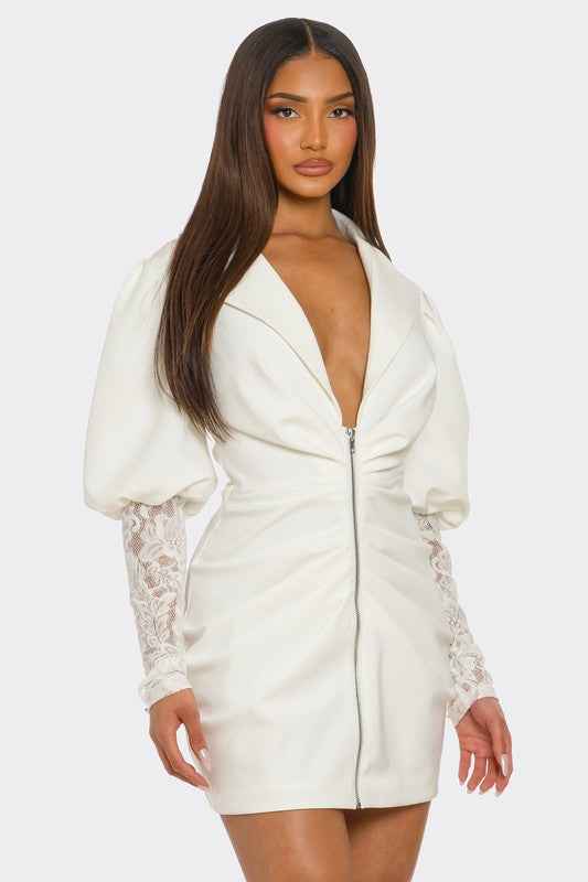 HALF PACK White Puff-Sleeve Zip-Up Dress