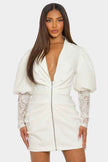 HALF PACK White Puff-Sleeve Zip-Up Dress