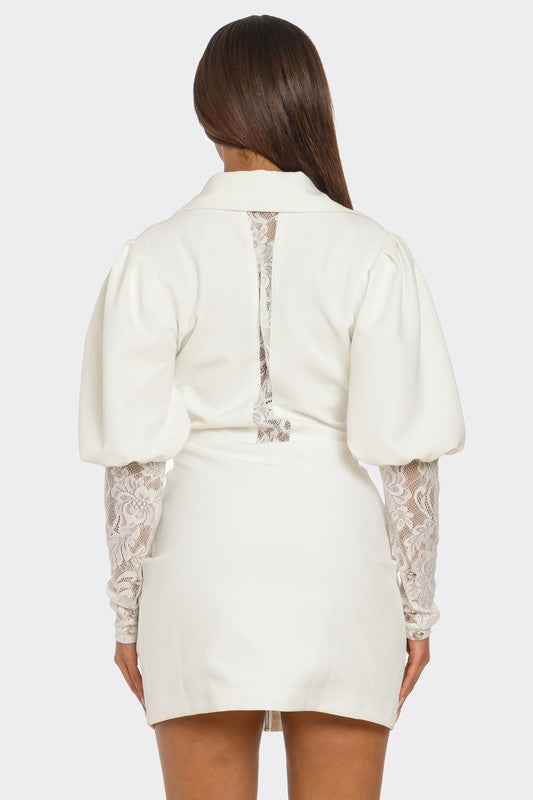 HALF PACK White Puff-Sleeve Zip-Up Dress