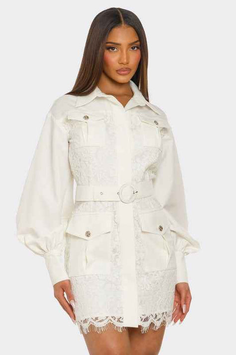 PLUS SIZE White Lace-Detail Utility Mini Dress