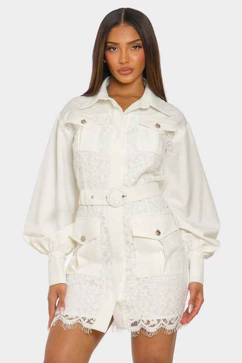 PLUS SIZE White Lace-Detail Utility Mini Dress