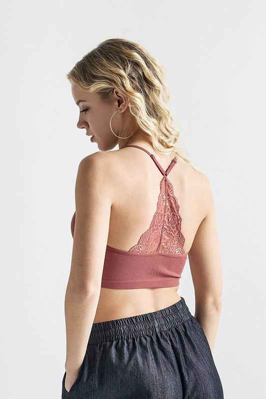 Seamless Triangle lace Ribbed Knit Bralette