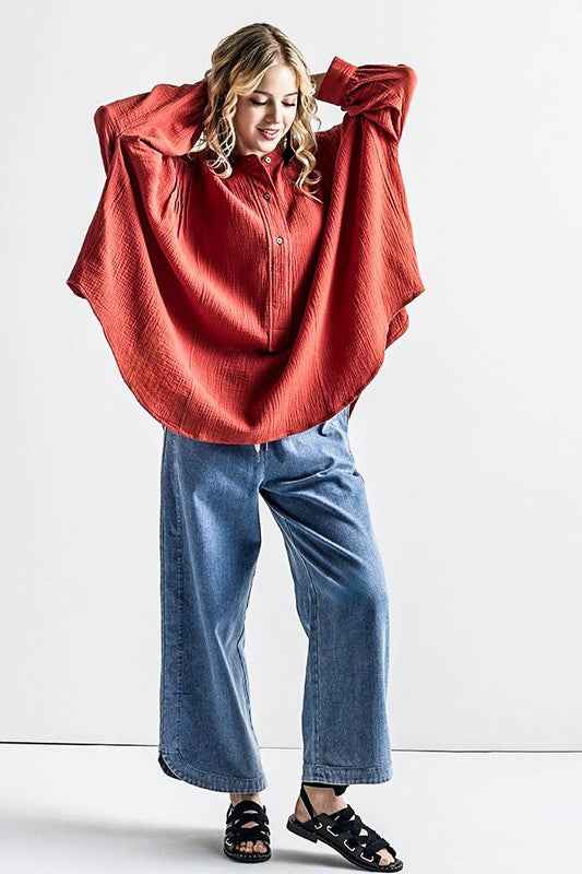 Oversized Pleat Ballon sleeve  High and low Top
