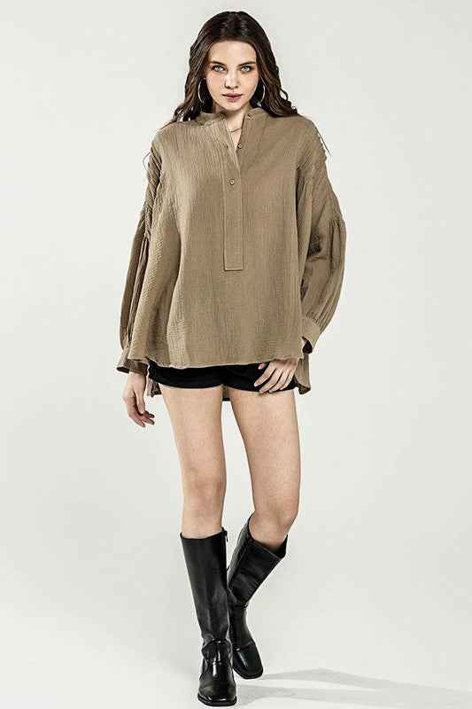 Oversized Pleat Ballon sleeve  High and low Top