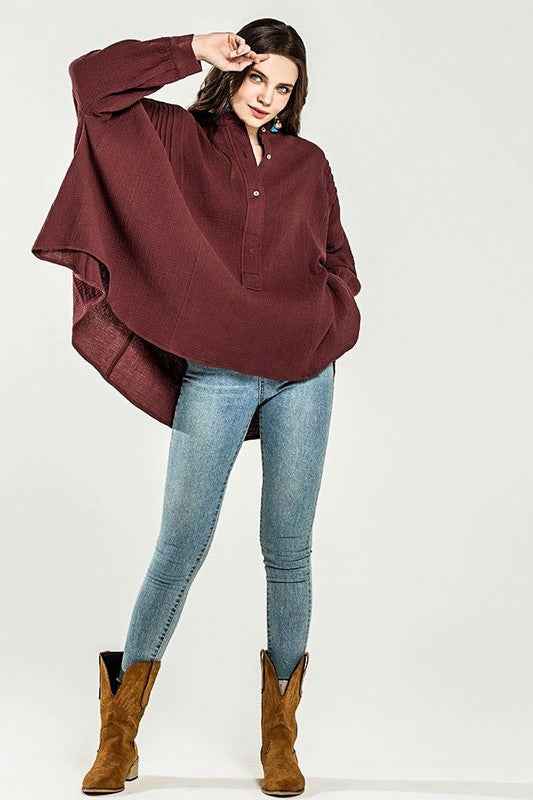 Oversized Pleat Ballon sleeve  High and low Top