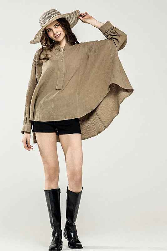 Oversized Pleat Ballon sleeve  High and low Top