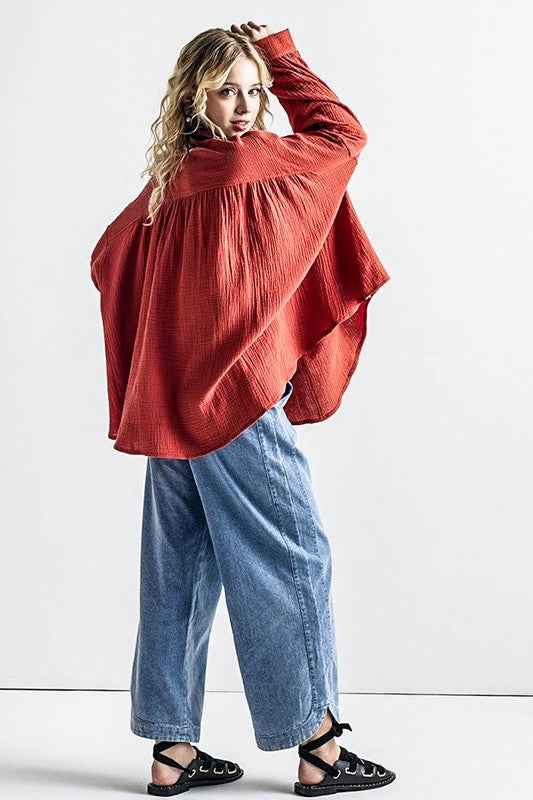 Oversized Pleat Ballon sleeve  High and low Top
