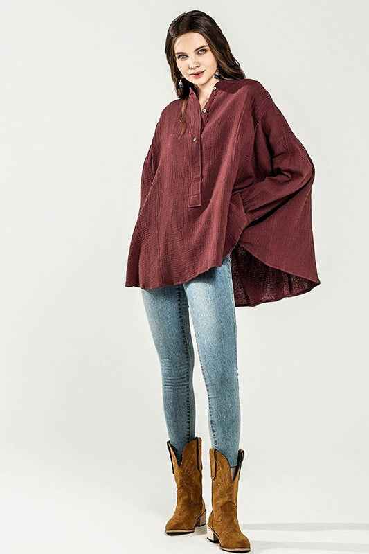 Oversized Pleat Ballon sleeve  High and low Top