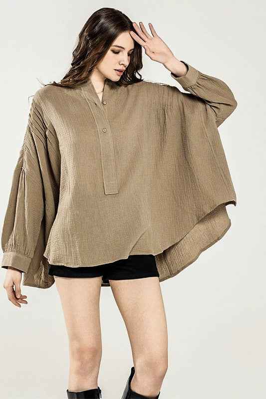 Oversized Pleat Ballon sleeve  High and low Top