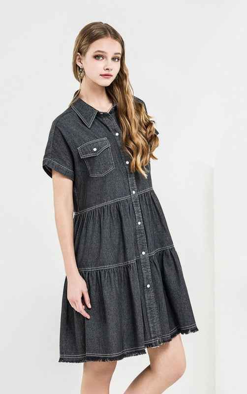 Button Down Tiered Babydoll Denim Shirt Dress