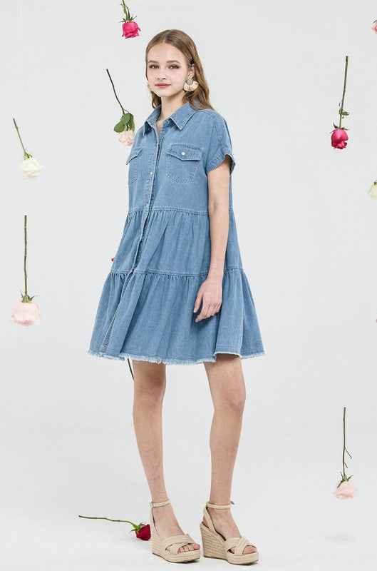 Button Down Tiered Babydoll Denim Shirt Dress