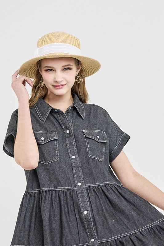Button Down Tiered Babydoll Denim Shirt Dress