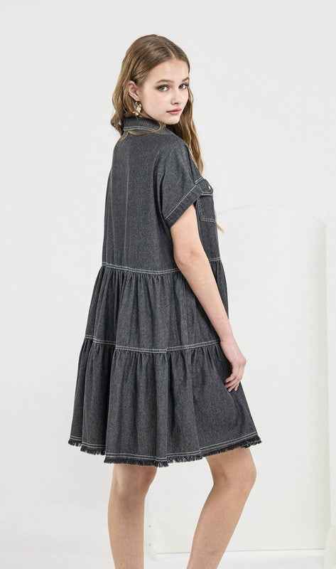 Button Down Tiered Babydoll Denim Shirt Dress