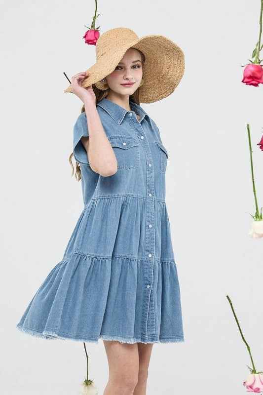 Button Down Tiered Babydoll Denim Shirt Dress